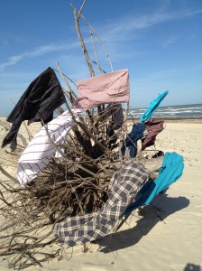 Kelly Scott's display of Hook's shirts (apparently I tossed out more than just the plaid!) on driftwood in Port Aransas.